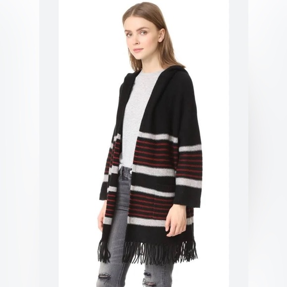 JOIE Gabrina Black Red Hooded Wool Yak Striped Fringe Western Open Cardigan Sz M - Picture 7 of 16